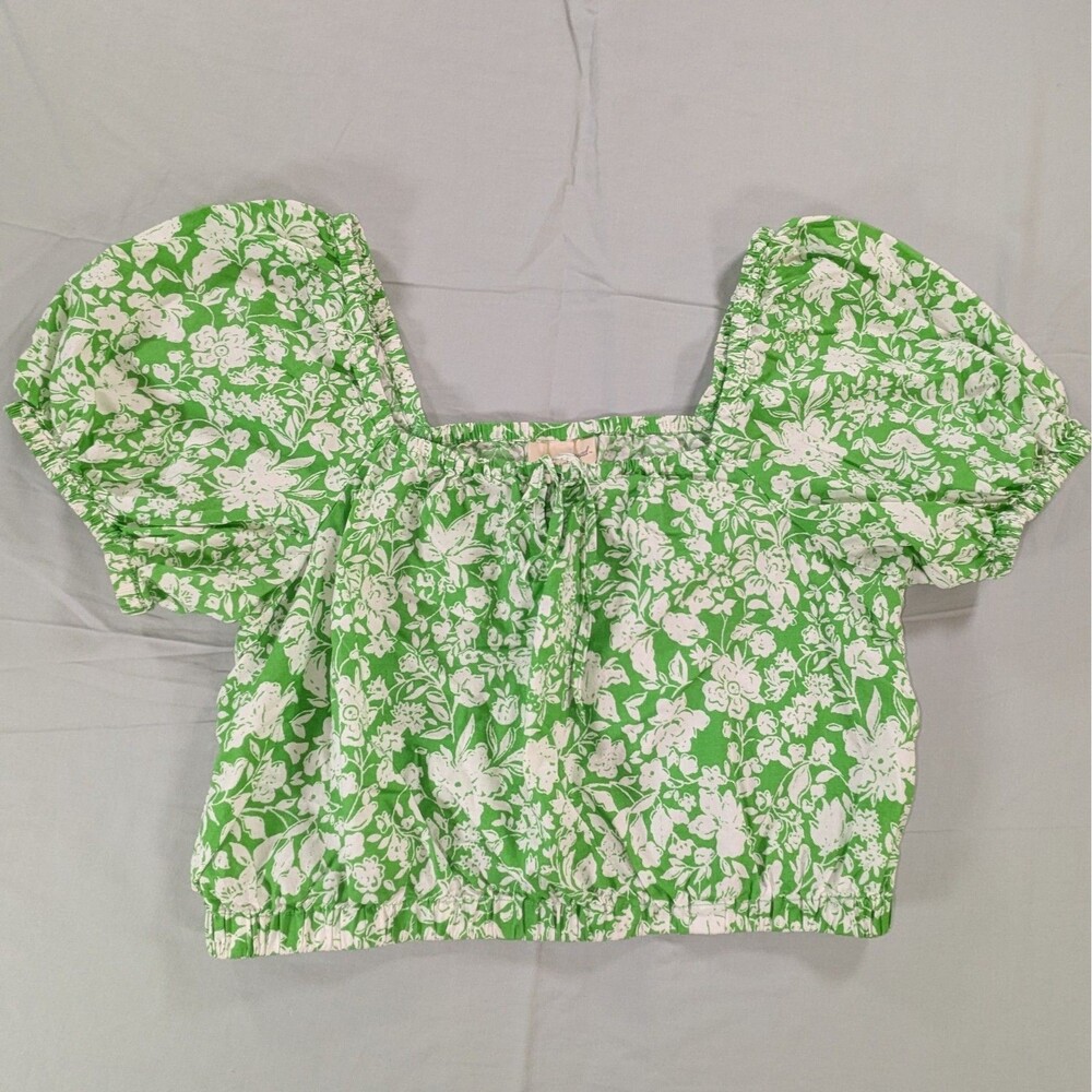 Universal Thread Blouse Women's Small Green Floral  Cropped Tie Puff Sleeve